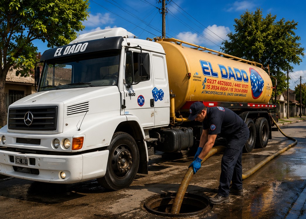 Camión atmosférico El Dado realizando servicio de desagote de pozo ciego en zona residencial del GBA.